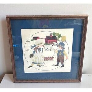 Vtg Boy & Girl Red Barn Sheep Framed & Matte Cross Stitch Wall Art Cottage Core